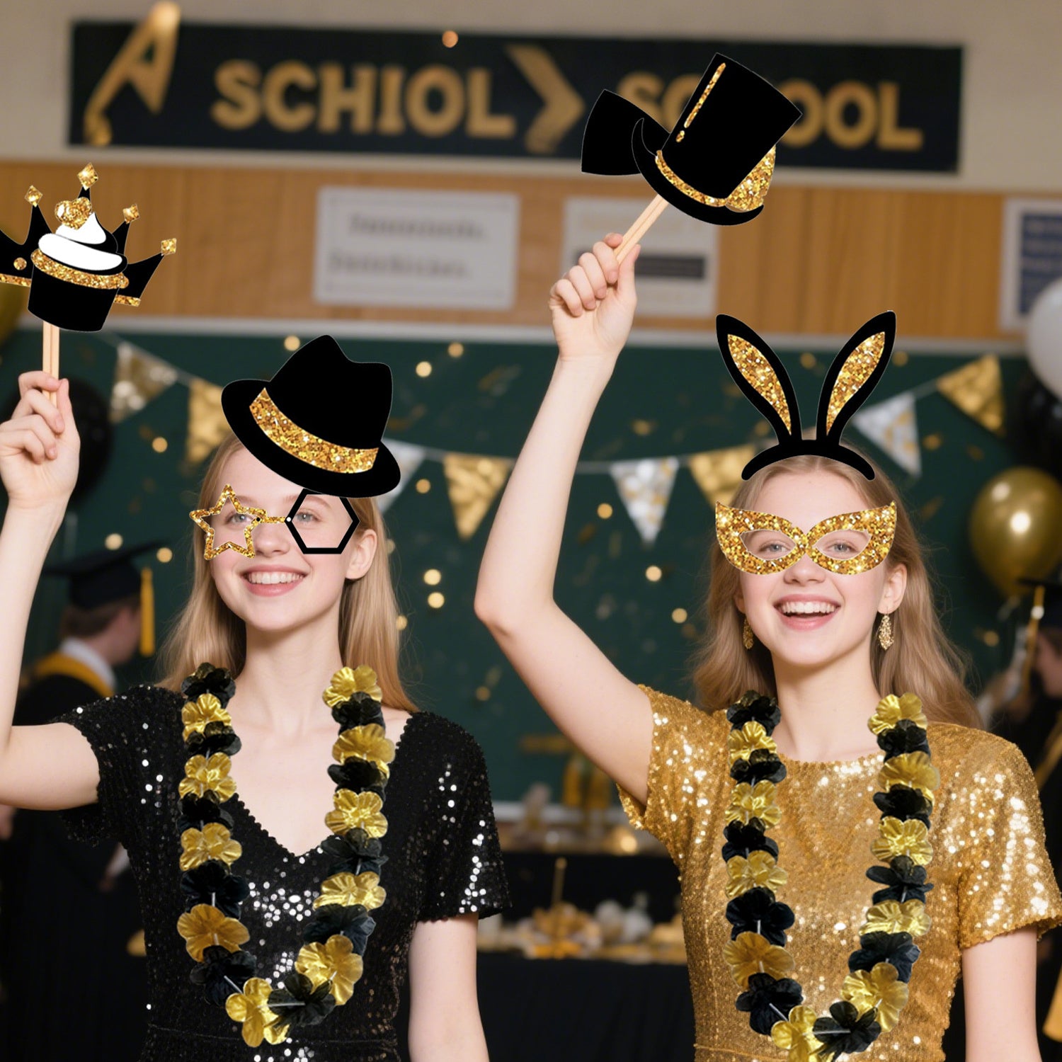 24-piece Birthday Party Photo Prop Set, Including Mustaches, Glasses, Hats, Wigs, And Crowns - Gold And Black Theme, Suitable For 40th, 50th, 60th Weddings, Graduations, Birthday Decorations, Selfie A