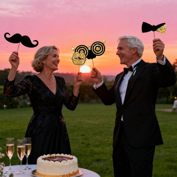 24-piece Birthday Party Photo Prop Set, Including Mustaches, Glasses, Hats, Wigs, And Crowns - Gold And Black Theme, Suitable For 40th, 50th, 60th Weddings, Graduations, Birthday Decorations, Selfie A