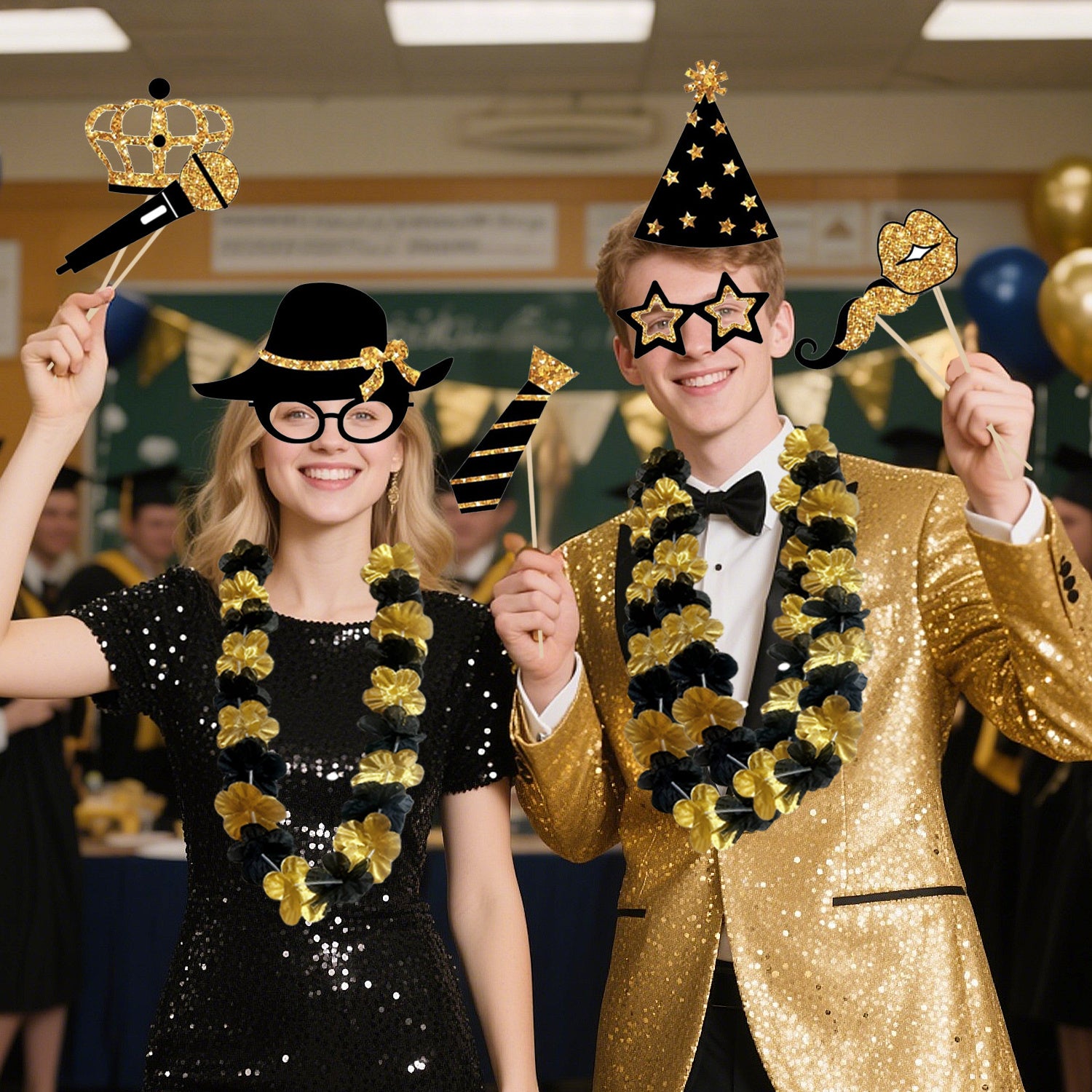 24-piece Birthday Party Photo Prop Set, Including Mustaches, Glasses, Hats, Wigs, And Crowns - Gold And Black Theme, Suitable For 40th, 50th, 60th Weddings, Graduations, Birthday Decorations, Selfie A