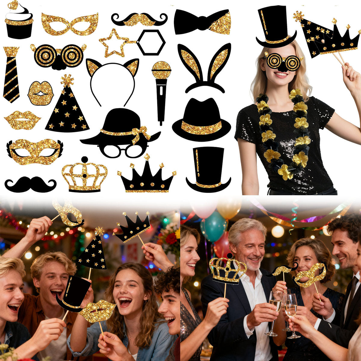 24-piece Birthday Party Photo Prop Set, Including Mustaches, Glasses, Hats, Wigs, And Crowns - Gold And Black Theme, Suitable For 40th, 50th, 60th Weddings, Graduations, Birthday Decorations, Selfie A