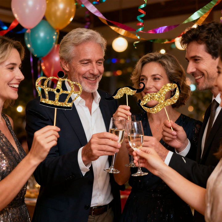 24-piece Birthday Party Photo Prop Set, Including Mustaches, Glasses, Hats, Wigs, And Crowns - Gold And Black Theme, Suitable For 40th, 50th, 60th Weddings, Graduations, Birthday Decorations, Selfie A