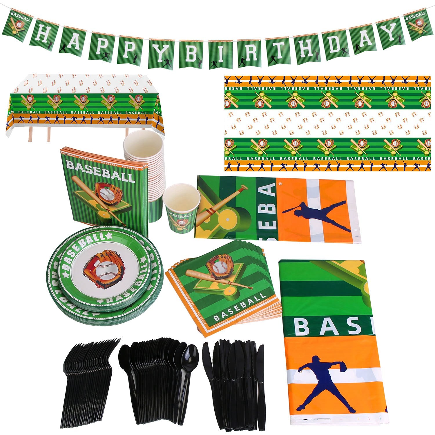 171Pcs Baseball Party Supplies Kit Baseball Birthday Party Disposable Dinnerware Set Baseball Themed Party Tableware Decorations Cups Plates Napkins Spoons Knives Forks Tableclothes
