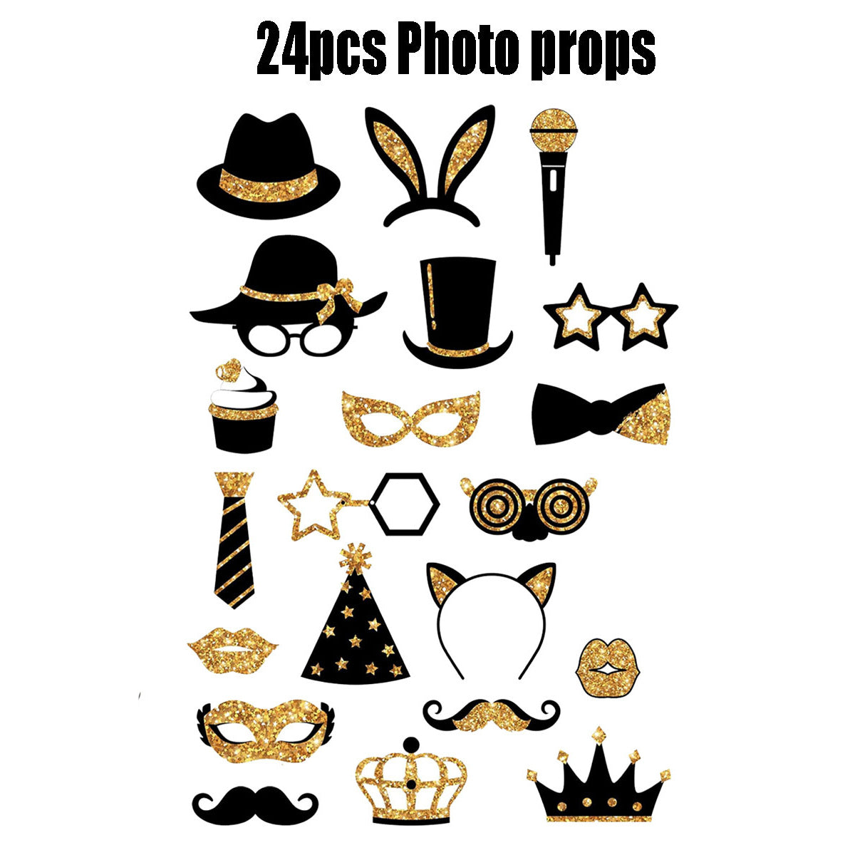24-piece Birthday Party Photo Prop Set, Including Mustaches, Glasses, Hats, Wigs, And Crowns - Gold And Black Theme, Suitable For 40th, 50th, 60th Weddings, Graduations, Birthday Decorations, Selfie A